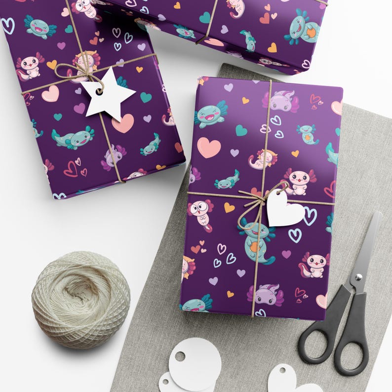 Cute Axolotl wrapping paper, Purple Gift wrap, Axolotl Birthday Party, Axolotl Gift Packaging, Kids Wrapping Paper Axolotl Gifts 画像 8