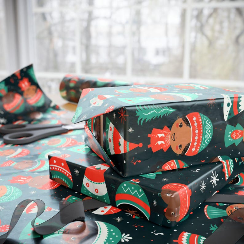Papel de regalo para niños afroamericanos, papel de regalo navideño afrocentrista, regalo de Kwanzaa, papel de regalo étnico africano, álbum de recortes multicultural diverso imagen 5