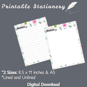 May include: Two printable stationery sheets with a science theme. The sheets are lined and unlined and feature a colorful pattern of microscopes, test tubes, and other science-related objects. The text "Notes" appears at the top of each sheet.