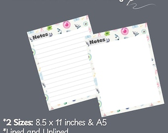 May include: Two printable stationery sheets with a science theme. The sheets are lined and unlined and feature a colourful pattern of microscopes, test tubes, and other science-related objects. The text "Notes" appears at the top of each sheet.