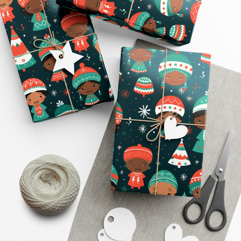 Papel de regalo para niños afroamericanos, papel de regalo navideño afrocentrista, regalo de Kwanzaa, papel de regalo étnico africano, álbum de recortes multicultural diverso imagen 3
