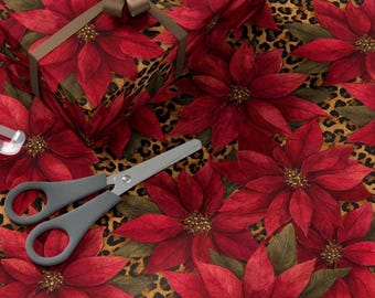 Leopard Print Poinsettia Pattern Wrapping Paper, Christmas Floral Gift Wrap, Animal Print, Trendy Botanical, Winter Floral, Scrapbook Paper