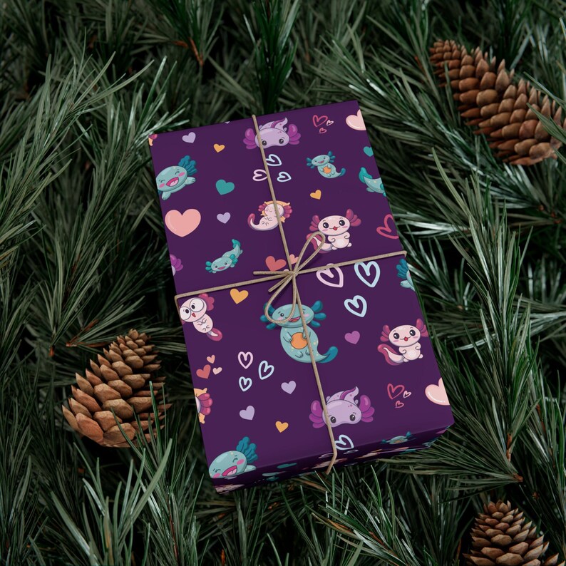 Cute Axolotl wrapping paper, Purple Gift wrap, Axolotl Birthday Party, Axolotl Gift Packaging, Kids Wrapping Paper Axolotl Gifts 画像 9