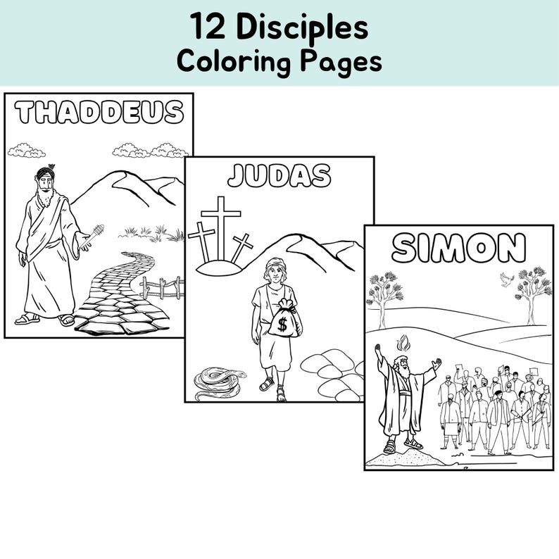 Puede incluir: P&aacute;ginas para colorear en blanco y negro con ilustraciones de los 12 disc&iacute;pulos de Jes&uacute;s. Cada p&aacute;gina incluye el nombre del disc&iacute;pulo y una escena de la Biblia. Los disc&iacute;pulos incluyen a Tadeo, Judas y Sim&oacute;n.