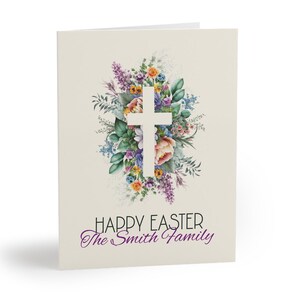 Carte de Pâques personnalisée avec nom de famille, carte de Joyeuses Pâques chrétienne de la famille, ensemble de cartes de voeux religieuses avec croix florale, cartes personnalisables