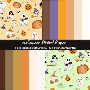 Puede incluir: Un conjunto de 5 papeles digitales con temática de Halloween con perros lindos, calabazas, fantasmas, murciélagos y telarañas. Los papeles son de varios colores, incluyendo naranja, marrón, morado y verde. Los papeles miden 30,5 cm por 30,5 cm y 300 DPI.