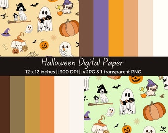 May include: A set of 5 digital papers featuring a Halloween theme with cute dogs, pumpkins, ghosts, bats, and spiderwebs. The papers are in a variety of colours, including orange, brown, purple, and green. The papers are 30.5 cm by 30.5 cm and 300 DPI.