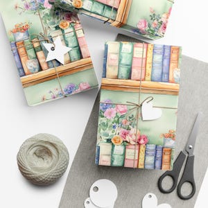 Books on Shelves Wrapping Paper, Bookworm Gift Wrap Sheets, Books and Flowers, Book Lover Present, Pastel Floral Scrapbook Decorative Paper image 6