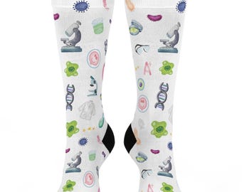 Cute Microbiology Crew Socks with DNA, Microscopes, Bacteria, Cells, Stylish Science Accessory, Soft Stretchy, Medium Thickness, One size