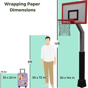 May include: A visual guide to wrapping paper dimensions, comparing the size of a small suitcase, a person, and a basketball hoop. The text reads "Wrapping Paper Dimensions" and includes measurements in feet and inches.