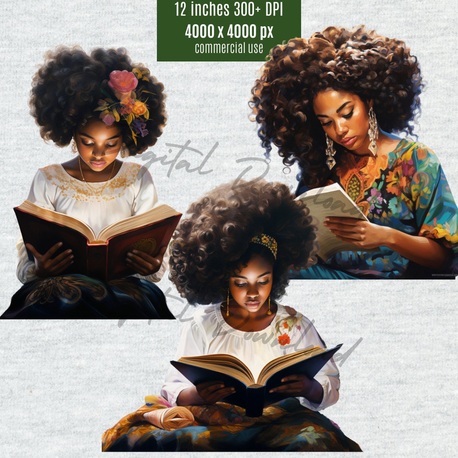 Black Woman Reading Baroque Vintage Clipart Bundle, African American ...