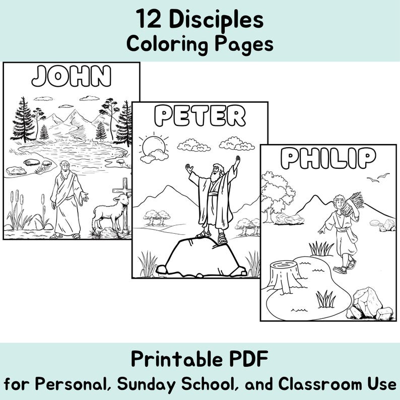 Puede incluir: P&aacute;ginas para colorear en blanco y negro con ilustraciones de los 12 disc&iacute;pulos de Jes&uacute;s. Las p&aacute;ginas incluyen los nombres "Juan", "Pedro" y "Felipe". Tambi&eacute;n se incluye el texto "12 Disciples Coloring Pages" y "Printable PDF for Personal, Sunday School, and Classroom Use".
