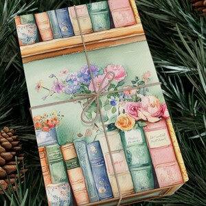 Books on Shelves Wrapping Paper, Bookworm Gift Wrap Sheets, Books and Flowers, Book Lover Present, Pastel Floral Scrapbook Decorative Paper image 3