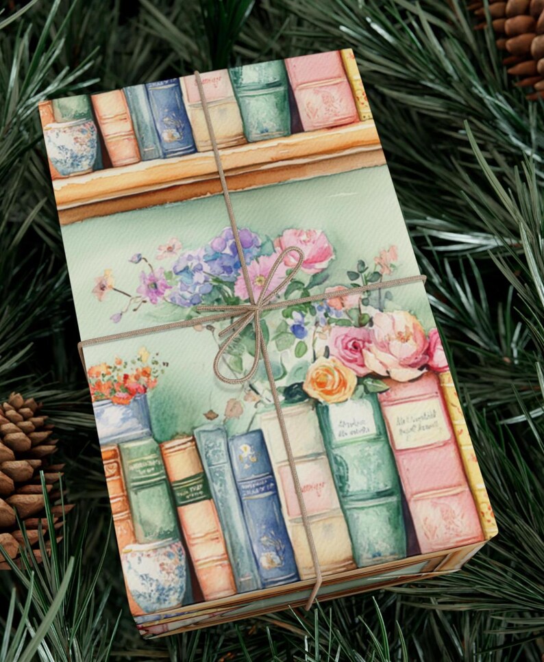 Books on Shelves Wrapping Paper, Bookworm Gift Wrap Sheets, Books and Flowers, Book Lover Present, Pastel Floral Scrapbook Decorative Paper image 3