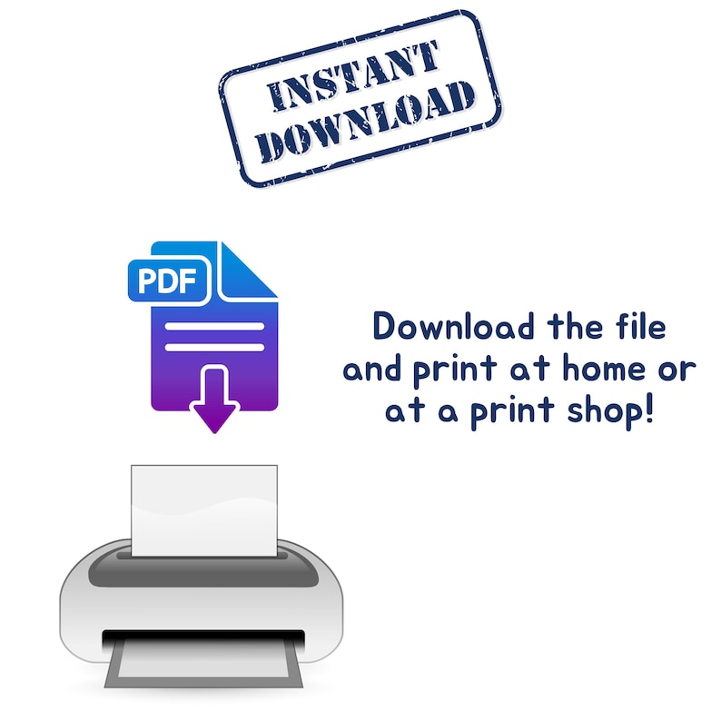 Puede incluir: Una descarga digital de un archivo PDF imprimible. La imagen muestra un icono PDF azul y morado con una flecha hacia abajo, una impresora y el texto "&iexcl;Descarga el archivo e impr&iacute;melo en casa o en una tienda de impresi&oacute;n!"