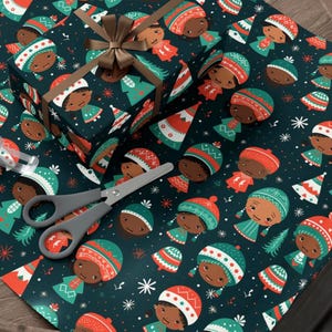 Papel de regalo para niños afroamericanos, papel de regalo navideño afrocentrista, regalo de Kwanzaa, papel de regalo étnico africano, álbum de recortes multicultural diverso imagen 1