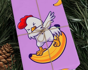 Banana and Chicken Wrapping Paper | Funny Dabbing Chicken Gift Wrap for Kids | Purple Background
