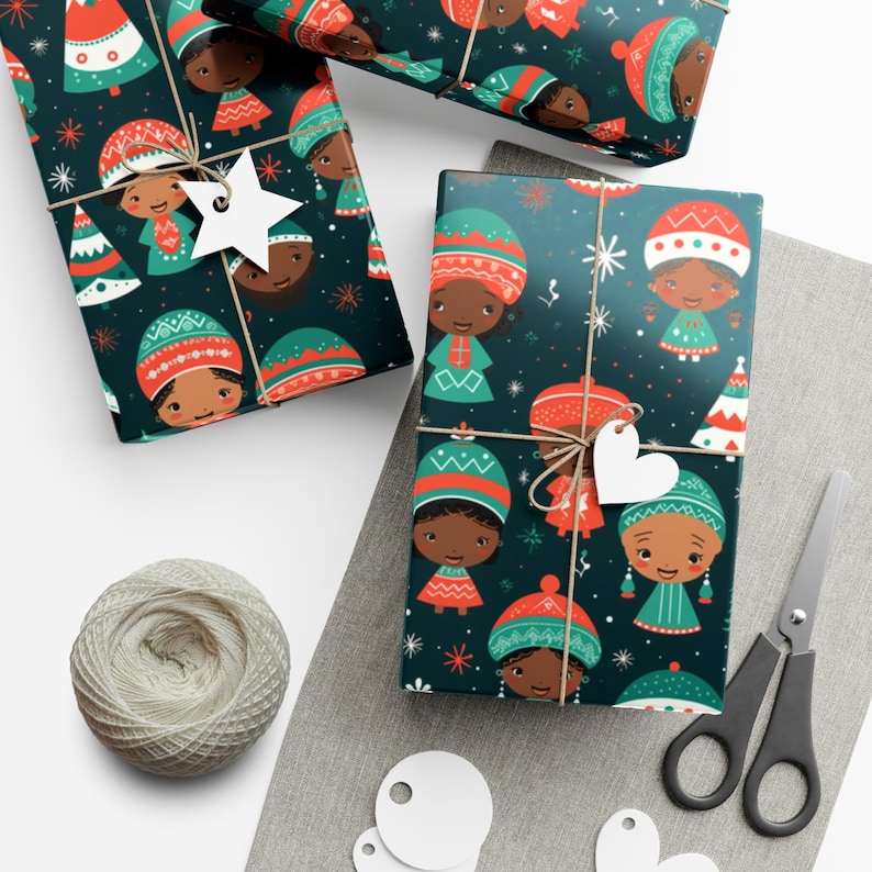 Papel de regalo para niños afroamericanos, papel de regalo navideño afrocentrista, regalo de Kwanzaa, papel de regalo étnico africano, álbum de recortes multicultural diverso imagen 9