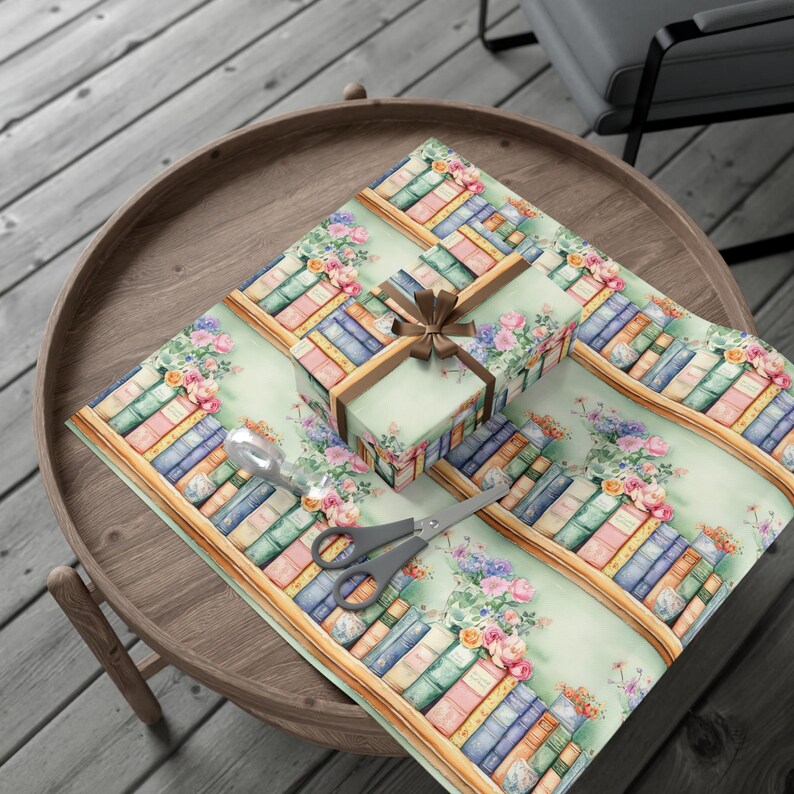 Books on Shelves Wrapping Paper, Bookworm Gift Wrap Sheets, Books and Flowers, Book Lover Present, Pastel Floral Scrapbook Decorative Paper image 5