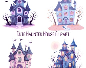 Op de afbeelding: Vier cartoonillustraties van schattige spookhuizen in verschillende kleuren en ontwerpen. De huizen zijn allemaal versierd met griezelige details zoals vleermuizen, spinnenwebben en gloeiende ramen. De tekst "Cute Haunted House Clipart" wordt onder de afbeeldingen weergegeven.