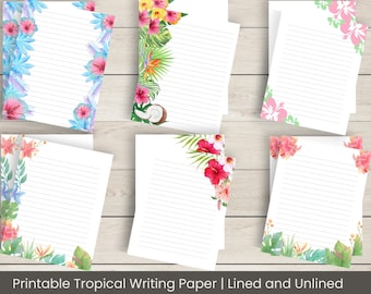 Papelería hawaiana, papel para escribir con flores tropicales, páginas florales coloridas, diario de verano, notas, listas, con rayas y sin rayas, tamaño carta A4/A5 (EE. UU.)