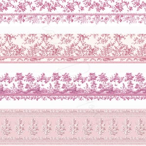 Bordures sans couture toile de Jouy rose, clipart vintage pays Français frontière sans couture, papier numérique chinoiserie rose blanc, usage Commercial