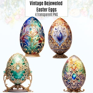 May include: Four intricately designed jeweled Easter eggs. Each egg features a different color scheme and intricate gold filigree patterns. The eggs are displayed on individual stands.