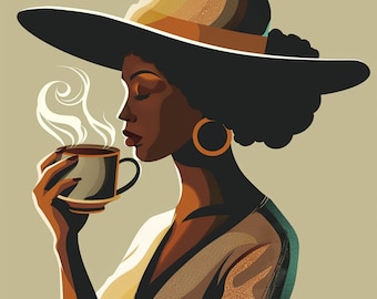 Black Woman Coffee Lover Wall Art, Coffee Bar Kitchen Decor, Cafe Decor, African American Art, Printable Black Girl Wall Decor, Square art