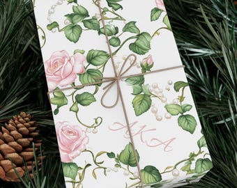 Pink Roses and Pearls Gift Wrapping Paper, AKA Sorority Inspired Floral Gift Wrap