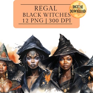 アフリカ系アメリカ人の魔女のクリップアート、黒人少女のハロウィーン水彩画 PNG、アフロ魔女のステッカー、ゴシック黒人女性、デジタルダウンロード、コマーシャル