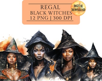 Afroamerikanska häxor Clipart, svart flicka Halloween akvarell PNG, afro häxa klistermärke, gotisk svart kvinna, digital nedladdning, kommersiell