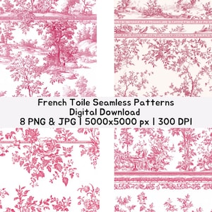 Rosa Toile De Jouy nahtlose Muster, wiederholbare Ränder, Vintage französisches Land digitaler Hintergrund, rosa weißes Chinoiserie digitales Papier