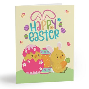 Jolie carte de Pâques pour enfants, poussins colorés, œufs de Pâques, oreilles de lapin, lot de cartes de voeux jaune rose bleu, intérieur vierge, enveloppes blanches incluses
