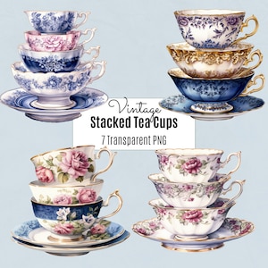 Clipart tazza da tè impilata, tazza da tè vintage acquerello, tazza da tè PNG, tea party, ora del tè, pianificatore digitale, download digitale, uso commerciale