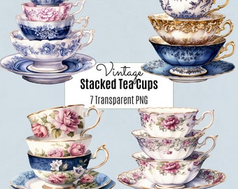 Clipart tazza da tè impilata, tazza da tè vintage acquerello, tazza da tè PNG, tea party, ora del tè, pianificatore digitale, download digitale, uso commerciale