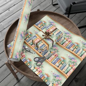 Books on Shelves Wrapping Paper, Bookworm Gift Wrap Sheets, Books and Flowers, Book Lover Present, Pastel Floral Scrapbook Decorative Paper image 7