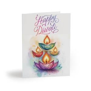 Carte Happy Diwali, carte de voeux Divali, carte d'invitation pour la fête des lumières de Deepavali, intérieur vierge, diya aquarelle, carte indienne hindoue