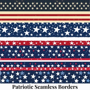 May include: Five seamless borders with a patriotic theme. The borders feature red, white, and blue stars on a blue background. The text "Patriotic Seamless Borders" is at the bottom of the image.