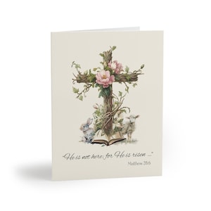 Il est ressuscité, carte de Pâques chrétienne, jeu de cartes de voeux religieuses, intérieur vierge, enveloppes blanches incluses, croix botanique, roses roses et lierre
