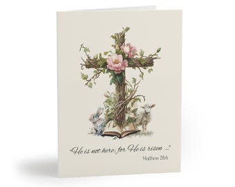 He is Risen, Christian Easter Card, Religious Greeting Card Set, Blank Inside, White Envelopes Included, Botanical Cross, Pink Roses and Ivy