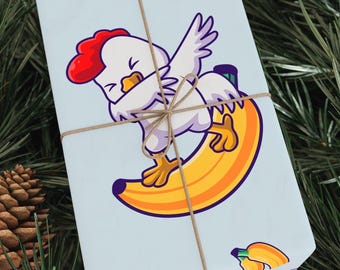 Banana and Chicken Wrapping Paper | Funny Dabbing Chicken Gift Wrap for Kids | Light Blue Background