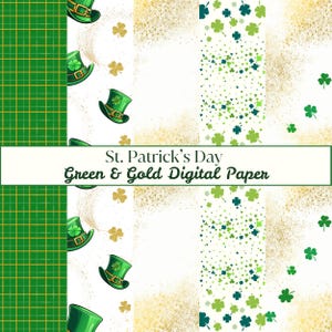 Papier numérique sans couture de la Saint-Patrick, vert et or, chapeaux de lutin, trèfles, carreaux, tissu motif répétitif, élégante baby shower irlandaise