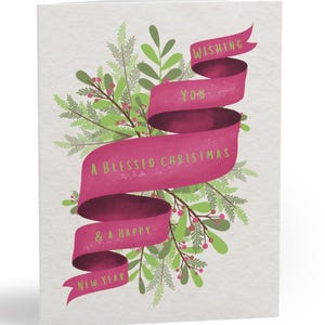 Ensemble de cartes de Noël roses et vertes, cartes de voeux de Noël béni, cartes de fêtes religieuses botaniques, papeterie inspirée de la sororité