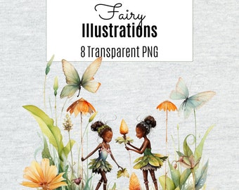 Söt älva Clipart, akvarell mångkulturella afroälvaillustrationer PNG, fantasy clipart, digital nedladdning, kommersiellt bruk