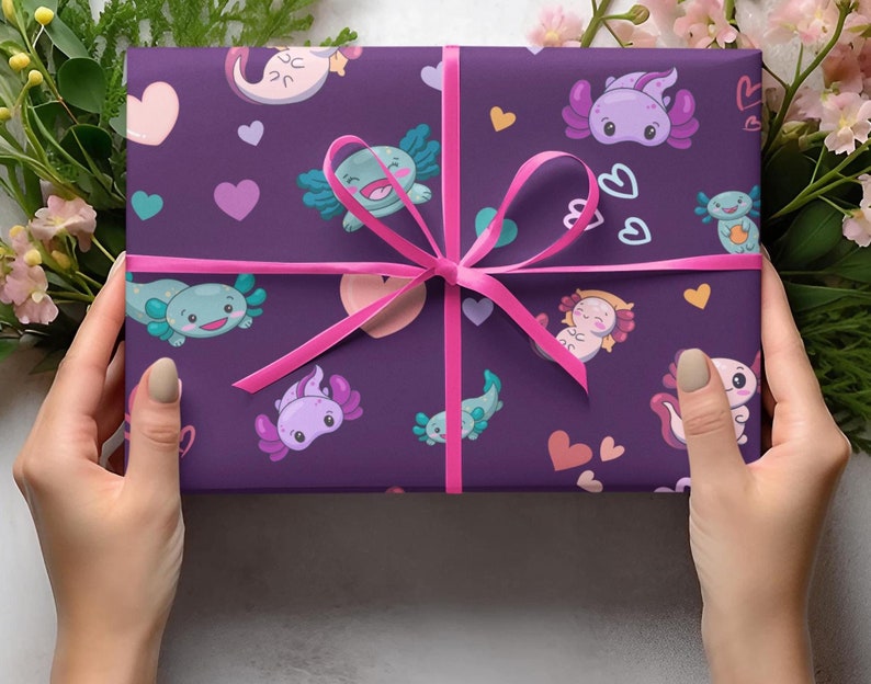 purple gift wrap with pink blue and lilac axolotls