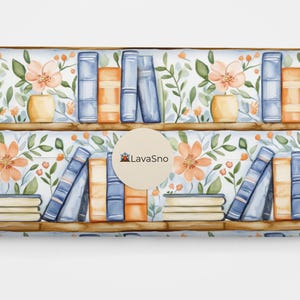 May include: A seamless pattern featuring a bookshelf filled with colorful books, with a floral design in shades of orange and green on a light blue background. The pattern is perfect for wrapping paper, fabric, or wallpaper.