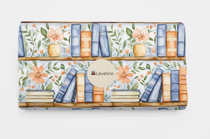 May include: A seamless pattern featuring a bookshelf filled with colorful books, with a floral design in shades of orange and green on a light blue background. The pattern is perfect for wrapping paper, fabric, or wallpaper.