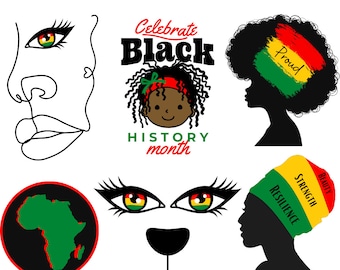 May include: Six black history month SVG designs. The designs include a line drawing of a woman's face, a girl with curly hair, a woman's silhouette with an afro, a map of Africa, a woman's silhouette with a headscarf, and a woman's eyes and nose.