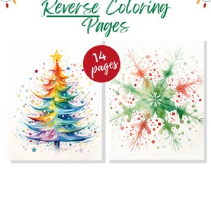 Könnte beinhalten: Ein digitaler Download von 14 druckbaren Weihnachtsmalvorlagen. Die Seiten zeigen einen Regenbogen-Weihnachtsbaum und eine grüne Schneeflocke mit roten Punkten.