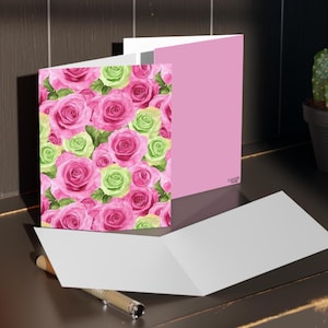 Ensemble de cartes de voeux aquarelle roses et roses vertes, papeterie inspirée de l'aka, toute occasion vierge à l'intérieur, enveloppe blanche, invitation, merci